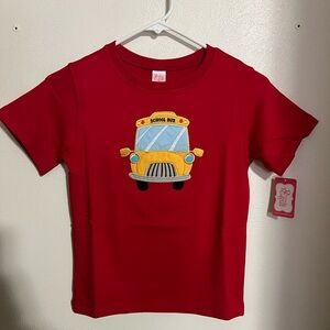 RICRAC & RUFFLES Classic Embroidered School Bus T Shirt Red Yellow Boy's Size 10
